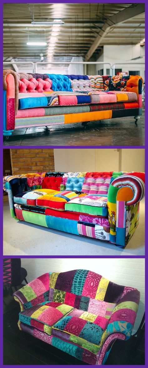 Patchwork couches, love this idea! Couch Upcycle, Reupholstered Couch, Patchwork Couch, Reupholster Couch, Patchwork Furniture, Boho Couches, Patchwork Sofa, Patchwork Chair, Boho Patchwork