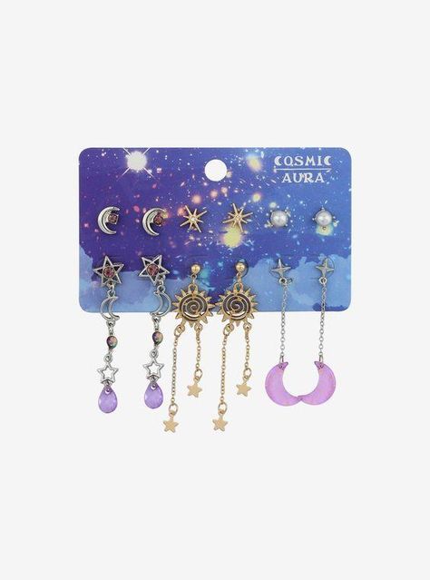 $4.49 $9.90 Hot Topic Earrings, Cosmic Aura, Celestial Earring, Space Earrings, Wicca Jewelry, Moon Designs, Weird Jewelry, Star And Moon, Funky Jewelry