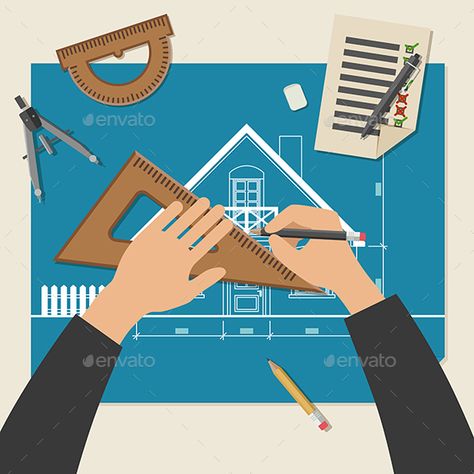 Architect at Work Blueprint Building, Drawing Engineering, Engineer Cartoon, Drawing Equipment, Engineering Equipment, Simple Vector Illustration, Presentation Pictures, Interior Architecture Drawing, Building Business