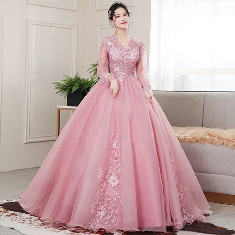 Rococo Dress, Long Sleeve Ball Gowns, Princess Gown, Quinceanera Dress, Floral Gown, Pageant Dress, Ball Gowns Prom, Quinceanera Dresses, Color Rosa