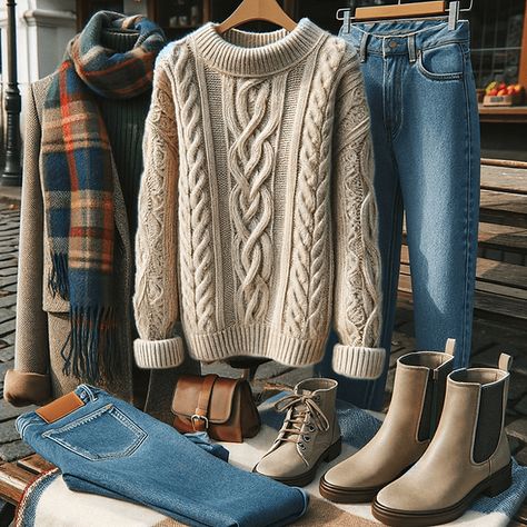 winter outfit for mom - sweater, jeans, scarf, boots Womens Jeans And Sweater Outfit, Mom Country Outfits, Fisherman Sweater Outfit Women, Fisherman Cardigan Outfit, Irish Sweater Outfit, Nautical Sweater Outfit, Button Down And Sweater Outfit, Gilet Outfit Women Winter, Outdoorsy Style Winter