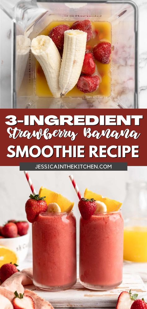 Friends, this 3-Ingredient strawberry banana smoothie is the easiest you’ll ever make. Three ingredients, minimal prep, and no clean up—well, other than throwing away the banana peel. So let me give you the lowdown on this smoothie. I made it with frozen strawberries, fresh bananas and orange juice. That’s it. The banana brings that smooth, creamy texture, the strawberries add colour and flavour, and the orange juice brings it all together with sweetness and a bright burst of citrus. Frozen Strawberry Smoothie, Strawberry Banana Smoothie Recipe, Orange Juice Recipes, Orange Smoothie Recipes, Frozen Fruit Smoothie, Delicious Smoothie Recipes, Smoothie Recipes With Yogurt, Smoothie Recipes Strawberry, Fruit Smoothie Recipes Healthy