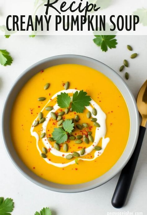 A top-down view of a creamy pumpkin soup in a gray bowl garnished with cream, pumpkin seeds, cilantro, and red pepper. Creamy Pumpkin Soup Recipe, Cream Of Pumpkin Soup, Creamy Soup Recipes, Creamy Pumpkin Soup, Pumpkin Soup Recipe, Creamy Soup, Pumpkin Soup, Easy Food To Make, Fresh Cilantro