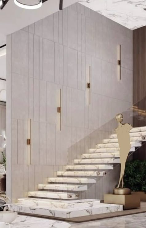 Double Height Staircase Wall Design, Stair Well Wall Ideas, Staircase Landing Ideas, Stair Panelling, Stair Wall Design, Stairs Wall Design, Entry Designs, Staircase Wall Design, Lobby Designs