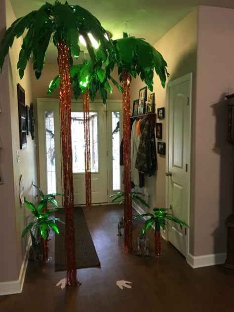 Hallway decor for Jurassic party Shipwreck Birthday Party, Homemade Dinosaur Party Decorations, Diy Dinosaur Decor Party Ideas Outdoor, Jurassic Park Hallway Decorations, Jurassic Park Decor, Jurassic Park Birthday Party Decorations, Dinosaur Party Ideas Decorations, Jurassic Park Party Decorations, Diy Safari Decorations