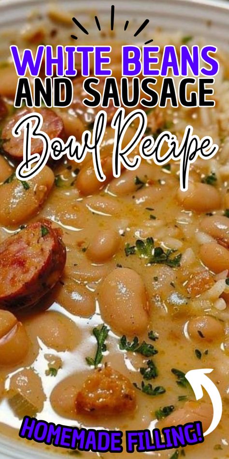 White Beans and Sausage Bowl White Beans And Sausage Bowl, White Beans And Pork, White Beans And Sausage Crockpot, Slow Cooker Beans And Sausage, Sausage And White Bean Soup Recipes, Rice Beans And Sausage, Northern Beans And Sausage, Sausage And Beans Crockpot, Bean And Sausage Recipes