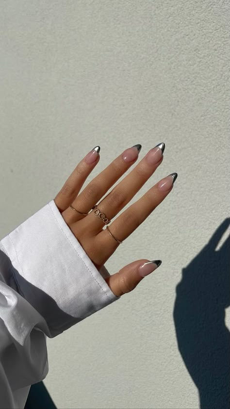 Chrome French Tip Nails, Chrome French Tip, Sweet 16 Nails, Jenner Nails, Chrome French, Kylie Nails, Kylie Jenner Nails, Cute Simple Nails, Happy Nails