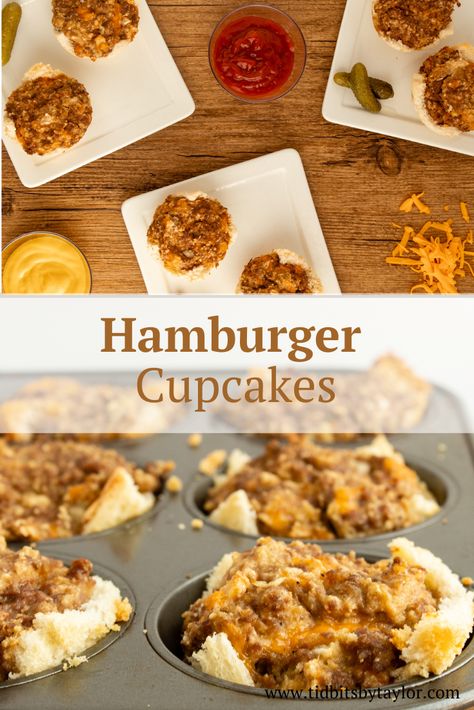 Cheeseburger cupcakes collage. Meat Muffins Ground Beef, Muffin Tin Burgers, Hamburger Muffin Cups, Hamburger Muffin Tin Recipes, Hamburger Cups Muffin Tins, Hamburger In Muffin Pans, Mini Burgers In Muffin Tin, Hamburger Cups, Cupcake Tin Meatloaf