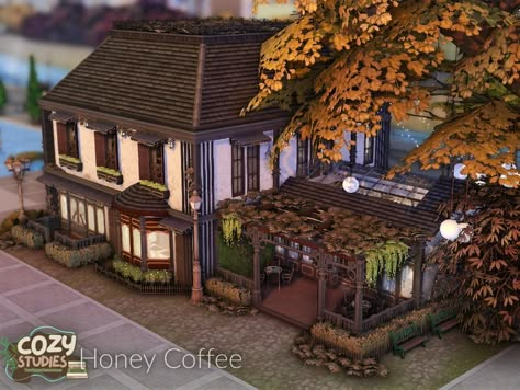 The Sims Resource - Cozy Studies - Honey Coffee l noCC Sims 4 More Lot Types Mod, Honey Coffee, The Sims 4 Lots, Sims 4 Tsr, Jungle Adventure, Sims House Plans, Outdoor Retreat, Sims 4 Houses, City Living