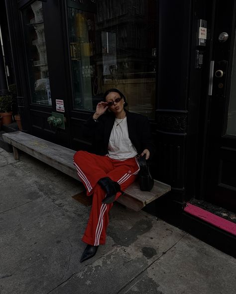 Adidas Pants Street Style, Red Jogging Pants Outfit, Adidas Red Pants Outfit, Red Track Pants Outfit, Adidas Firebird Pants Outfit, Red Pants Outfit Street Style, Red Adidas Pants Outfit, Adidas Joggers Outfit, Red Adidas Pants