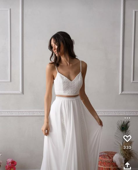 Bridal Two Piece Set Pants, Beach Vow Renewal Dresses, Two Piece Wedding Dress Boho, Wedding Two Piece, Island Style Wedding, Wedding Dress Two Piece, Reception Dress Short, Simple White Wedding Dress, Wedding Rehearsal Dress