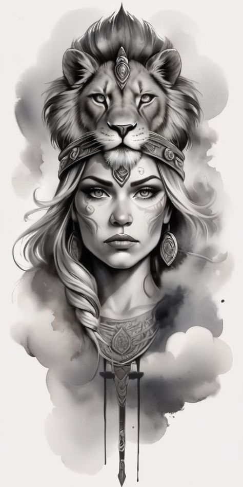 Women With Lion Head Tattoo, Lion And Woman Tattoo, Woman Lion Tattoo, Viking Warrior Woman Art, Girlhead Tattoo, Lion Head Tattoo Design, Native American Chief Tattoo, Head Tattoo Design, Female Lion Tattoo