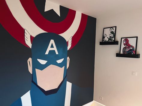 Avengers Wall Painting Ideas, Marvel Wall Painting Ideas, Superhero Wall Painting, Superhero Mural, Super Hero Boys Room, Bus Bedroom, Marvel Mural, Captain America Decorations, Superhero Boys Room