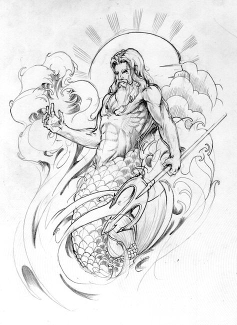 Poseidon Tattoo Sleeve Element by ~BeniaminoBradi on deviantART Poseidon Drawing, Mermaid Sleeve Tattoos, Poseidon Tattoo, Greek Mythology Tattoos, Back Of Shoulder Tattoo, Mythology Tattoos, Geniale Tattoos, Greek Tattoos, Mermaids And Mermen