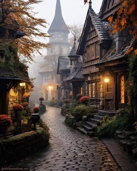 Magic Village Aesthetic, Whimsical Fall Decor, Fall Architecture, Rainy Village, Fall Houses, Fall Village, Autumn Town, Magical Photos, Morning City