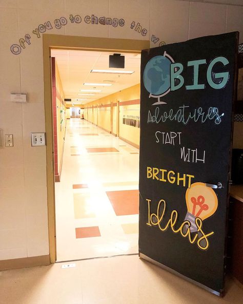 Special Education Teacher on Instagram: “Big adventures start with bright ideas!  Last year for back-to-school, my door decorations were hand-drawn, and while I loved them, I…” School Counselor Door Decorations, Counselor Door Decorations, Science Door Decorations, School Counselor Door, Middle School Classroom Themes, Middle School Decor, Middle School Social Studies Classroom, Elementary Special Education, Class Door Decorations