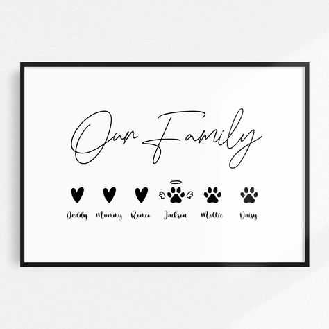 PERSONALISED FAMILY PRINT, OUR FAMILY, CHRISTMAS GIFT, CHRISTMAS GIFT FOR MUM, CHRISTMAS GIFT FOR DAD, WIFE CHRISTMAS GIFT, PET PRINT, LOVE HEART PRINT, HOME DECOR, MINIMALIST PRINTS, BLACK AND WHITE PRINTS, UNIQUE GIFT FOR FAMILY, BIRTHDAY GIFT, ANNIVERSARY GIFT, GIFT FOR FAMILY, GIFT FOR MUM, GIFT FOR HER, GIFT FOR GRANDPARENTS, HOUSEWARMING GIFT, NEW HOME GIFT This print features 'Our Family' in an elegant font, with each family member represented by a heart, paw print or horseshoe. The perfe Animal Paw Prints, Personalized Family Wall Art, Personalised Family Print, Dog Wall Decor, Christmas Gifts For Mum, Family Canvas, Hearts Print, Wife Christmas, Family Wall Art