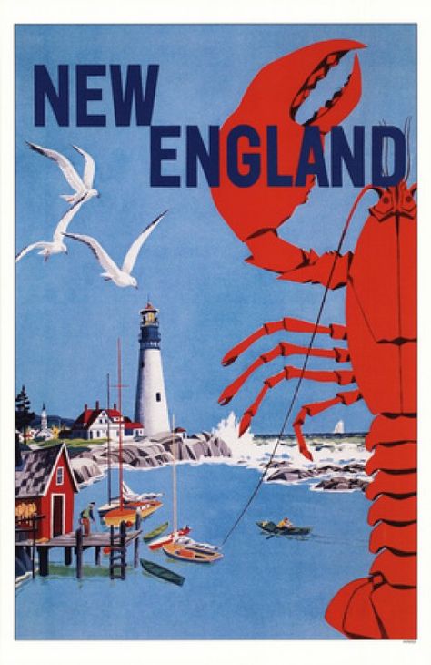 Six states, 71,991 square miles, and over 14 million people make up the northeast region of the United States known as New England. All of the states are relatively close together, making them the perfect road trip destination. Connecticut, Rhode... England Travel Poster, New England Road Trip, Poster Advertising, Postal Vintage, Tourism Poster, Travel Ads, New England Travel, Retro Travel Poster, Bus Travel