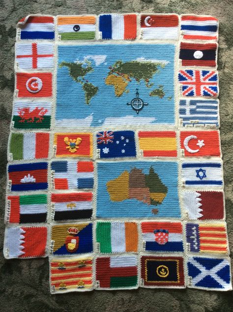 Unfinished ..... Crochet world flag Ferns travel blanket Crochet Travel Blanket, Crochet Map, Cartography Art, Crochet Travel, Travel Themed Gifts, Travel Blanket, Crochet Inspo, A Flag, Crochet World