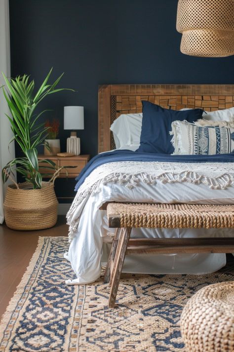 Navy Blue Boho Bedroom, Boho Chic Bedroom Ideas, Blue Boho Bedroom Ideas, Blue Bedroom Decor Ideas, Navy Blue Bedroom Walls, Navy Accent Wall, Blue Boho Bedroom, Bedroom Blues, Navy Accent Walls