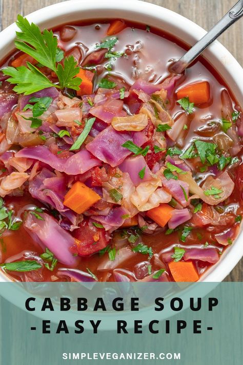 CABBAGE SOUP EASY RECIPE - Simple Veganizer Purple Cabbage Soup Recipes, Cabbage Soup Easy, Purple Cabbage Soup, Original Cabbage Soup Diet, Purple Cabbage Recipes, Keto Cabbage Recipe, Cabbage Soup Diet Recipe, Creamy Carrot Soup, Cabbage Soup Diet