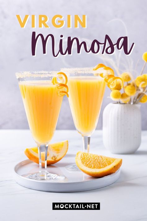 Our Non Alcoholic Mimosa recipe or Virgin Mimosa Mocktail is the perfect brunch drink and way more flavorful than those boring, classic cocktails! It’s easy to make, full of flavor and bubbly and refreshing: the perfect virgin drink for everyone, from kids to people avoiding alcohol. Swap alcoholic cocktails for our healthy tasty mocktails: our mimosas recipe is perfect for a sober brunch, or consider this as your baby shower beverage. Make your day perfect! #mocktail #summer #brunch #drink Yellow Mocktails Non Alcoholic, Non Alcoholic Mimosa Recipe, Virgin Mimosa Recipe, Virgin Mimosa, Mimosa Recipe Easy, Mimosa Mocktail, Mimosas Recipe, Virgin Cocktail Recipes, Mocktail Easy