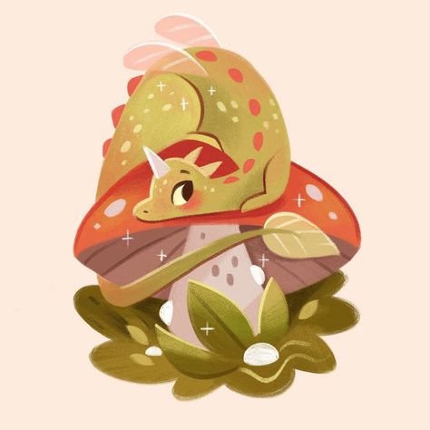 Cute Fantasy Illustration, Cute Dragon Character Design, Cute Dragons Art, Dragon Illustration Cute, Dragon Art Cute, Cute Dragon Illustration, Cute Dragon Art, Dragon Character Design, Mushroom Dragon