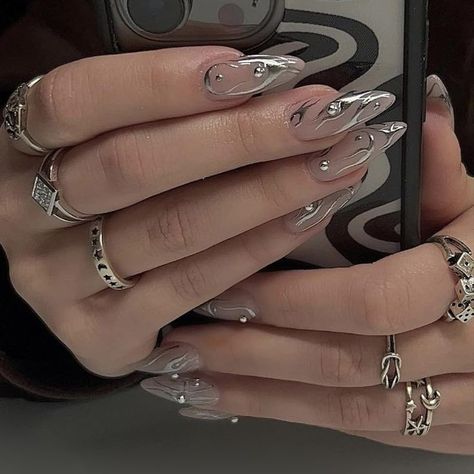 Soft Grunge Nails, Mix And Match Nails, Fire Pattern, Electronic Gift Ideas, Long Almond, Nails Silver, Grunge Nails, Grunge Fashion Soft, Nails For Women