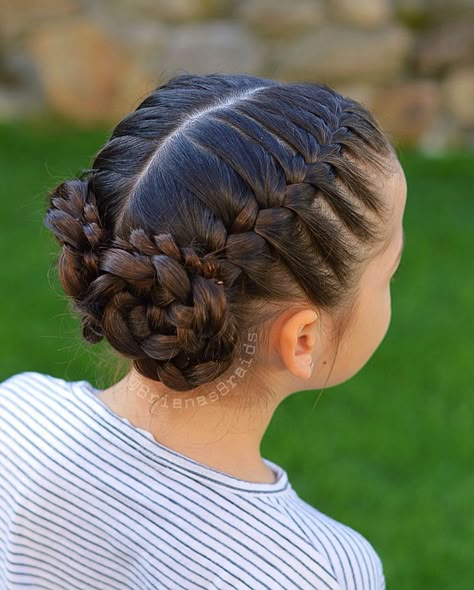 Easy Hair Styles For Dance, Cute Marching Band Hairstyles, Plaits Into Bun, Ballet Dancer Hairstyle, Braided Hairstyles For Dance Competitions, Gymnastic Competition Hairstyles, Competition Hairstyles Dancers, Kids Graduation Hairstyles, Dance Hairstyles Competition Lyrical