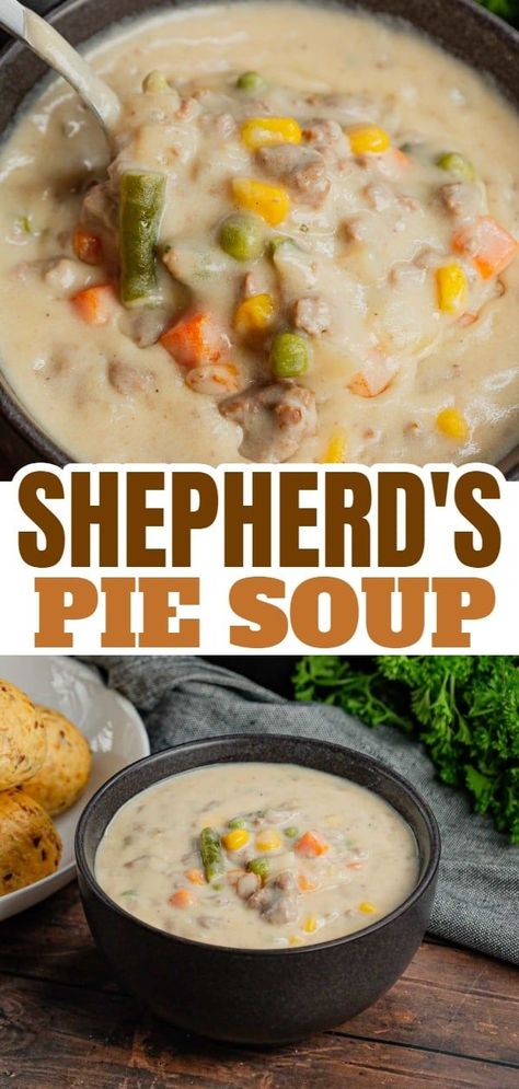 Shepherd's Pie Soup is a hearty soup loaded with instant mashed potatoes, ground beef, chicken broth, half and half, diced onions and frozen mixed vegetables. Mashed Potatoes Ground Beef, Potatoes Ground Beef, Pizza Soup Recipe, Mashed Potato Soup, Frozen Mixed Vegetables, Chicken Broth Recipes, Chicken Mashed Potatoes, Instant Mashed Potatoes, Beef Soup Recipes