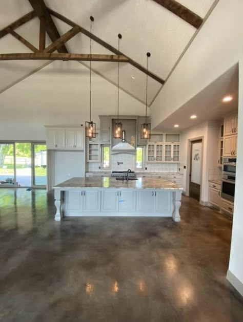 Kitchen Design Barndominium, Polished Concrete Floor Barndominium, Modern Rustic Barndominium Interior, Barn Dominium Houses Interior, Barndominium Cement Floors, Stained Concrete Floors Barndominium, Concrete Floor Barndominium, Concrete Barndominium, Concrete Floors Barndominium