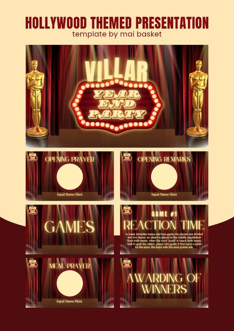 hollywood cinema theatre poster ppt Hollywood Theme Poster, Award Presentation Design, Retro Presentation Design, Hollywood Graphic Design, Hollywood Yearbook Theme, School Year End Party, Year End Party Theme, Power Point Night, Canva Ppt Template