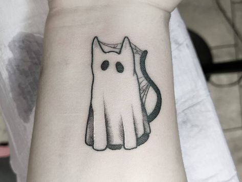 This is Mr. Spooks. The ghost kitty  . . . . . . . #cutetattoos #smalltattoo #spooky #halloween #halloweentattoos #ghostcat #cute #fun #walkins Ghost Cat Tattoo, Ghost Kitty, Army Tattoos, Insect Tattoo, Bunny Tattoos, Ghost Tattoo, Spooky Tattoos, Line Work Tattoo, Ghost Cat