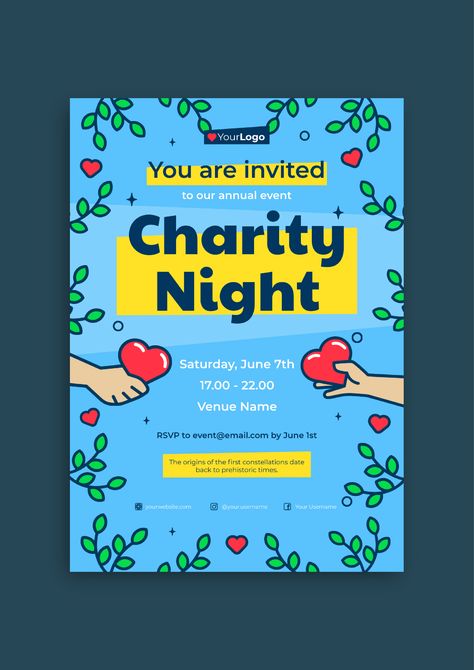 Flat Linear Charity Night Annual Event Flyer Community Event Flyer, Charity Graphic Design, Coffee Content, Work Hacks, Parent Night, Event Flyer Templates, Brand Kit, Family Night, Event Flyer