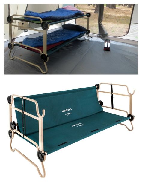 Tips for camping with kids: You get a better night sleep if you're off the ground, as with this Cam-o-Cot bunk bed & couch. Brilliant and great space-saver! Homeless Hacks, Bunk Bed Couch, Cot Bunk Bed, Camping Bunk Beds, Camping Cot Bed, Rv Camping Checklist, Weekend Camping, Bed Comforter, Survival Blanket