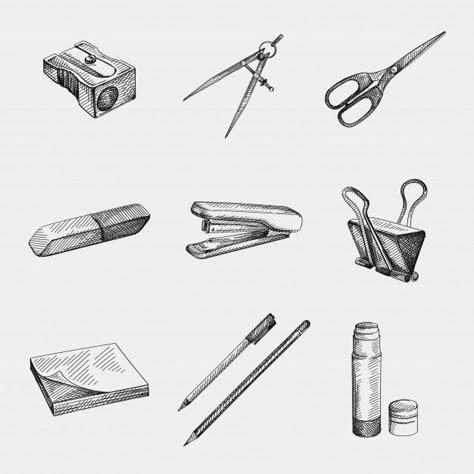 Hand-drawn sketch of stationery supplies... | Premium Vector #Freepik #vector #school #office #black #white 3 Objects Drawing, Objects To Sketch, How To Draw School Supplies, Object Drawing Pencil, Sketches Objects, Drawings Of School Supplies, Object Sketching, Sketch Object, Sketches Of Objects