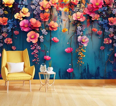 Elegant Vibrant Flower Hanging Branches Gift, Art Print Photomural Wallpaper Mural Easy-Install Removeable Peel and Stick Large Wall Decal Fotowalls tailored wall art products are space transformers - designed to instantly create a feeling or a look, and make your rooms as unique as you are. 📦🌎 FREE WORLDWIDE EXPRESS SHIPPING! 🌎📦 📍📐 All sizes are Width by Height 📐📍 INK ➡  We print using HP EcoLatex ink; GreenGuard Gold status with ultra-low emissions and VSC's, suitable for children's be Peel And Stick Flowers, Floral Abstract Wallpaper, Wall Mural Peel And Stick, Flower Wallpaper In Bedroom, Wallpaper For Stairs Wall, Flower Mural Wall Paintings, Easy Wall Murals, Colourful Hallway, 3d Wall Flowers