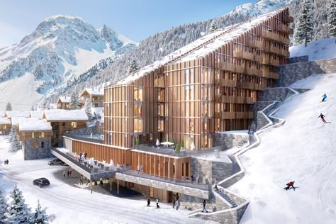 Ski Resort Design, Mountain Resort Design, Mountain Hotel Architecture, Ski Resort Hotel, Hotel Mountain, Skiing Resort, Mountain Resort Architecture, Ski Lodge Architecture, Ski Resort Architecture