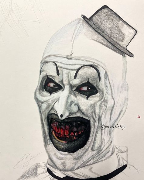 (FAKE BLOOD) new drawing by me of @davidhowardthornton as #arttheclown 🤡🩸 — i’ve been loving the terrifier movies recently + meeting david and @damien_leone next year so i thought it would be a good time to draw him ❤️‍🔥 — #art #drawing #scaryart #terrifier #terrifier2 #terrifier3 #terrifiermovie #terrifierfanart #fanart #artist #horror #horrorart #scary #clown #clownart #prismacolor #strathmore #aworkofart It Sketches Clown, Art The Clown Sketch, Art The Clown Drawing Sketch, Terrifier Sketch, Art The Clown Terrifier Fanart, It Clown Drawing, Horror Movie Drawings Easy, Horror Line Art, Art The Clown Fanart