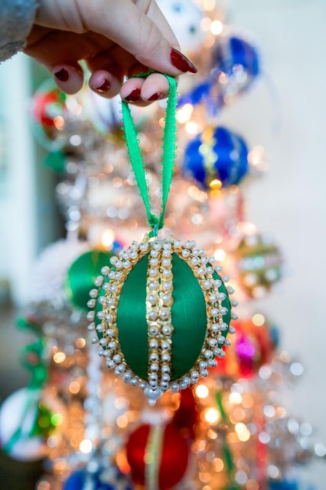 DIY: How to Make Hand Made Push Pin Beaded Ornaments | New York City Fashion and Lifestyle Blog | Covering the Bases Bead And Sequin Ornaments Diy Christmas, How To Make Jeweled Christmas Ornaments, Handmade Beaded Ornaments, Jeweled Christmas Ornaments Diy, Diy Sequin Ornaments, Vintage Christmas Ornaments Diy, Sequin Ornaments Diy Styrofoam Ball, Beaded Christmas Ornaments Diy, Diy Christmas Bulbs