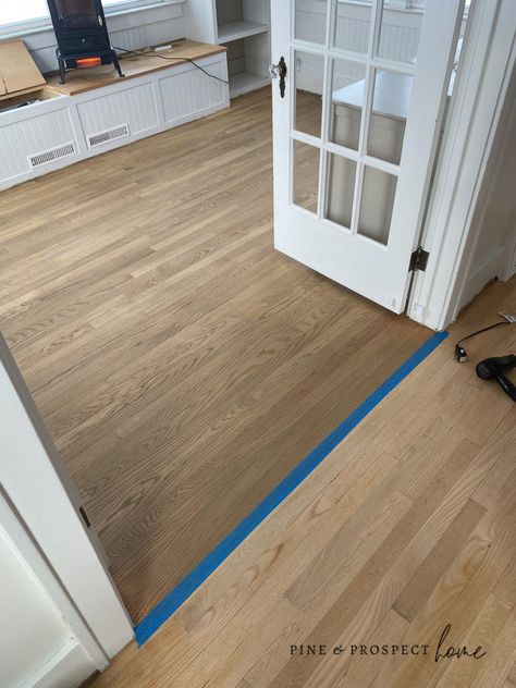 Kitchen With Medium Wood Floors, Red Oak Hardwood Floors Stains, Red Oak Wood Floors, Hardwood Floor Stain Colors, Oak Floor Stains, Pine And Prospect Home, Pine And Prospect, Floor Stain Colors, Staining Wood Floors