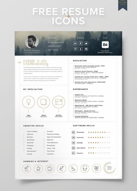 Visual Resume/CV Templates: 15+ Layouts to Download (Free Included) Cv Original Design, Interior Design Cv, Infographic Resume Template, Cv Original, Resume Design Free, Visual Resume, Cv Inspiration, Resume Icons, Logos Retro