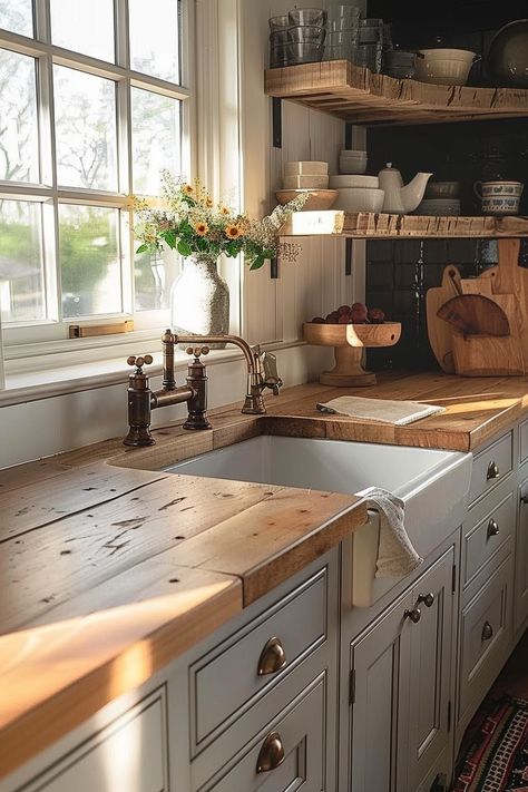 Choose the Perfect Countertops for Your Farmhouse Kitchen - Quiet Minimal Makeover Kitchen, Farm Kitchen, Cottage Kitchen, Kitchen Makeover, Ideas Kitchen, Cottage Homes, Kitchen Style, Rustic Kitchen, Country Kitchen