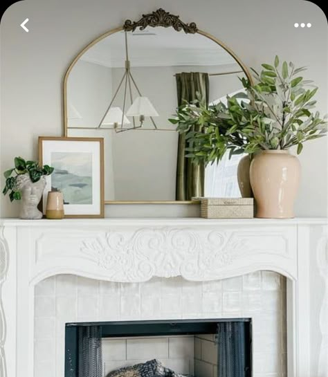 Fireplace Decor With Mirror, Mirror Over Fireplace Mantle, Mirror On Fireplace, Vintage Modern Living Room, Mirror Over Fireplace, Mirror Above Fireplace, Mirror And Sconces, Farmhouse Mantel, Mirror Gallery