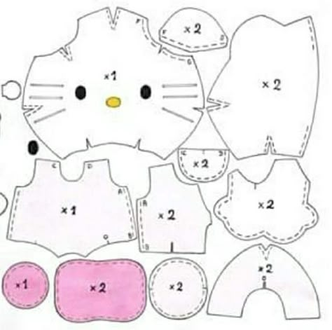 Hello Kitty Plush Pattern Free, Hello Kitty Sewing, Teddy Bear Template, Bear Template, Diy Plush, Diy Hello Kitty, Hello Kitty Crafts, Paper Toys Template, Animal Sewing Patterns