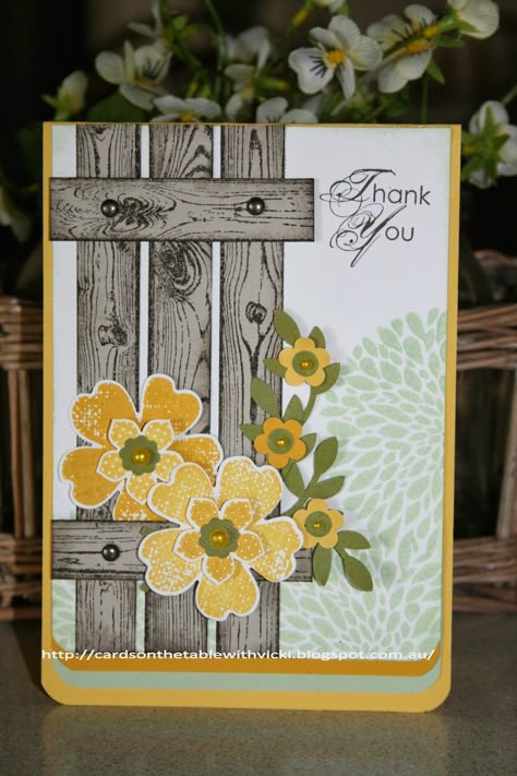 Cards on the table with Vicki: Another Spring inspired card. Cards On The Table, Spring Cards, Wooden Fence, Punch Cards, Stamping Up Cards, Card Challenges, Pretty Cards, Paper Crafts Cards, Floral Cards