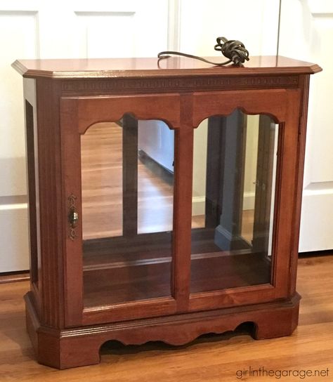 Redone Curio Cabinet, Upcycled Curio Cabinet Ideas, Curio Cabinet Makeover Before After, Repurposed Curio Cabinet Ideas, Diy Curio Cabinet, Curio Makeover, Add Legs To Furniture, Painted Curio Cabinets, Curio Cabinet Makeover