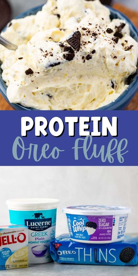 This is an easy Oreo Fluff recipe full of extra protein! It's Protein Fluff with low carb options - a great snack, dip, or dessert if you're counting macros. Low Carb Oreo Fluff, Protein Shakes Using Premier Protein, Keto Protein Fluff, Keto Protein Dessert Recipes, Healthy Low Calorie Snacks Clean Eating, Yummy High Protein Snacks, High Protein Cheesecake Fluff, Chocolate Protein Fluff, Low Macro Snacks