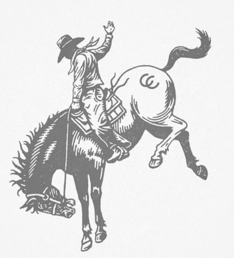 Roping Cowboy Tattoos, Bucking Cowboy Tattoo, Cowboy Bucking Horse Tattoo, Sturgill Simpson Tattoo, Bronc Riding Tattoos, Vintage Western Stamp Tattoo, Horse Brands Ideas, Bronc Drawing, Western Neck Tattoo