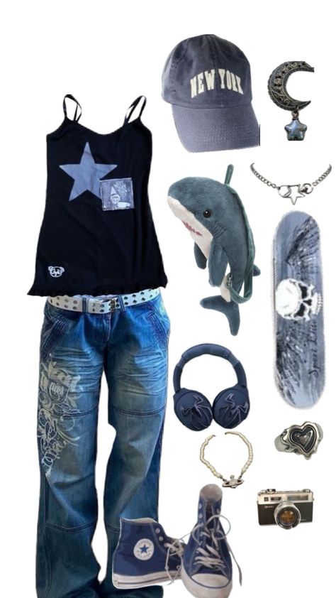 Blue Grunge Clothes, Blue Emo Outfits, Blue Alt Outfits, Blue Grunge Outfit, Grunge Outfits Girl, Billie Eilish Concert Outfit, Barbie Closet, Rock Star Outfit, Billie Eilish Concert